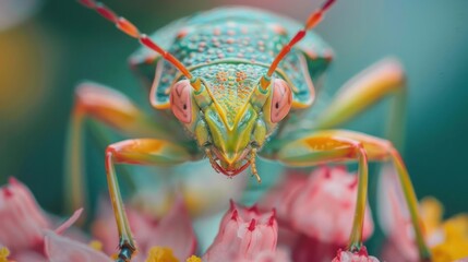 Naklejka premium A vibrant green and orange cockroach standing on a pink flower.