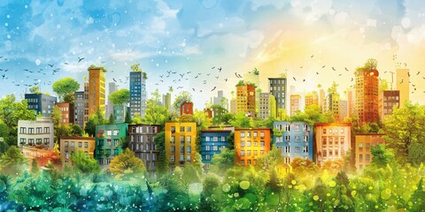 A vibrant green city, showcasing sustainable urban living with lush parks and eco-friendly architecture. This image embodies the harmony between nature and modern urban development.