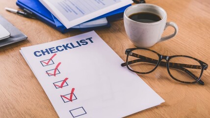 Business checklist with checked items, coffee cup and glasses on wooden desk.