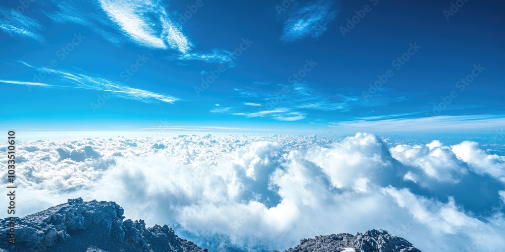 Aufkleber summer view from mountain summit looking at the blue sky with clouds below.