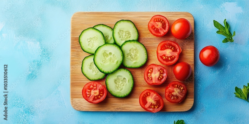 Poster cucumber and tomato salad on a wooden cutting board with a bright blue background. artistic arrangem