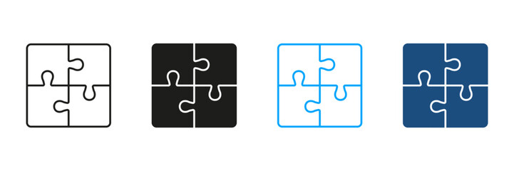 Puzzle, Combination Solution Line and Silhouette Icon Set. Jigsaw Square Pieces Match Pictogram. Teamwork, Idea, Challenge Logic Game Sign. Editable Stroke. Isolated Vector Illustration
