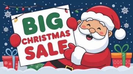 Cheerful Santa Claus promoting a big Christmas sale with festive decorations.