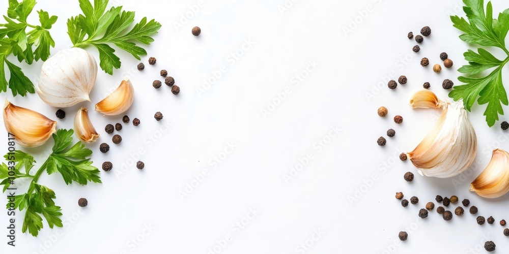 Poster garlic accompanied by peppercorns and parsley, isolated on a white background with copy space for yo