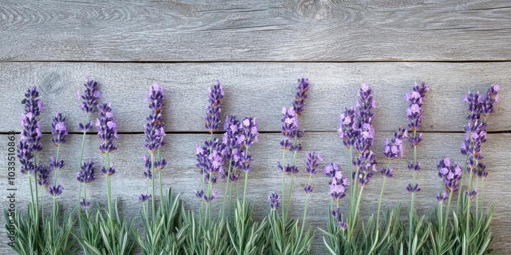 Poster lavender flowers arranged in a row on a background of weathered wood texture
