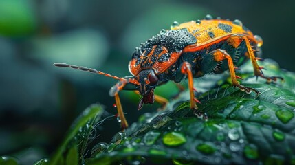 A beautifully colored beetle sits atop a green leaf, surrounded by rain droplets,