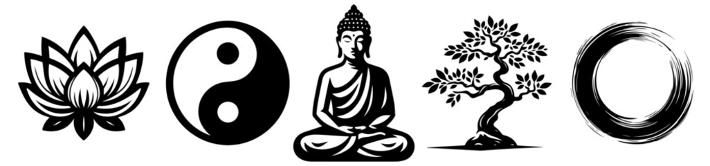 japanese-inspired designs highlighting zen and meditation in black and white vector