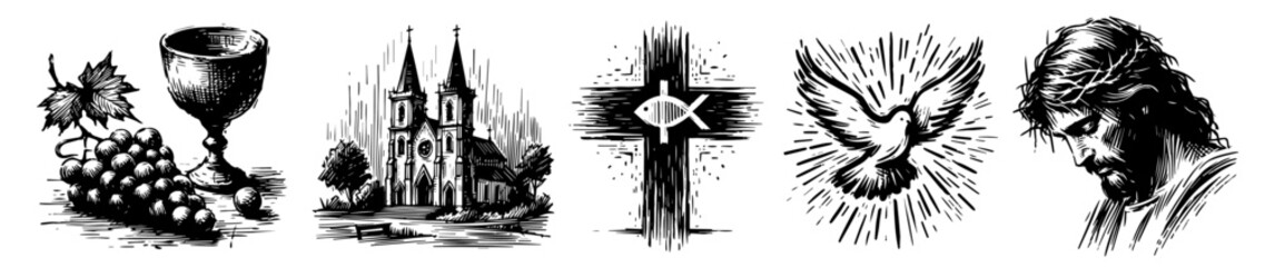 Fototapeta premium sketch-style vector icons representing key spiritual and religious elements