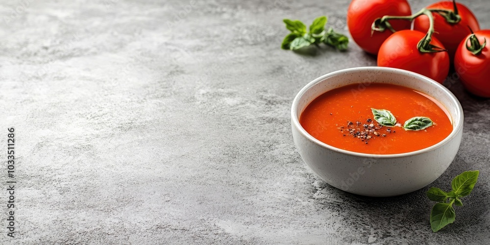 Poster tomato soup bowls on a concrete surface with copyspace.