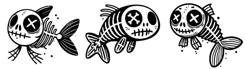cartoon style illustration of a dead fish in a playful design in black vector