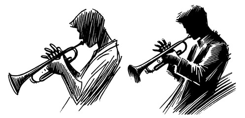 hand-drawn sketch of a human silhouette playing a trumpet in black vector © Luka