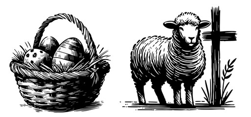 easter basket with eggs and lamb of god hand drawn line art black vector © Luka