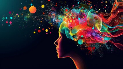 Colorful abstract representation of thoughts and creativity emerging from a woman's silhouette.