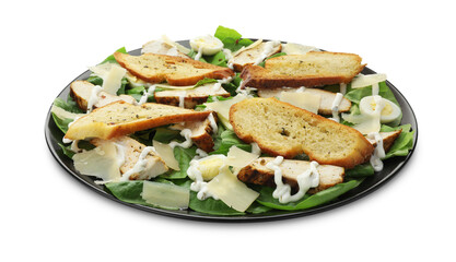 Delicious Caesar salad with chicken isolated on white