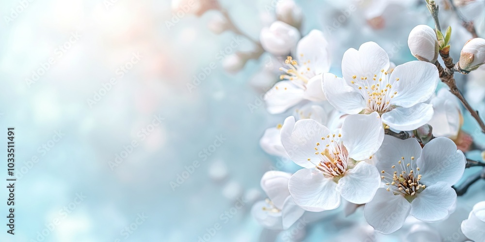 Poster Close-up of almond blossoms in early spring with a soft blue background that is blurred. Copy space.