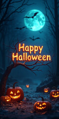 Fototapeta premium Happy Halloween pumpkins, ghost, bat flying, candle, moonnight, banner design