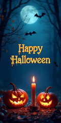 Halloween pumpkins, ghost, bat flying, candle, moonnight, banner design