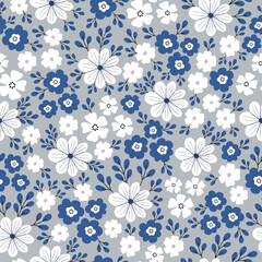 Seamless pattern with white and blue flowers on grey background. Hand drawn floral pattern for your fabric, summer background, wallpaper, backdrop, textile. Vector illustration