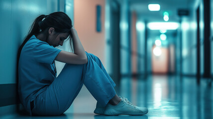 Exhausted nurse sitting in hospital corridor feeling overwhelmed and stressed