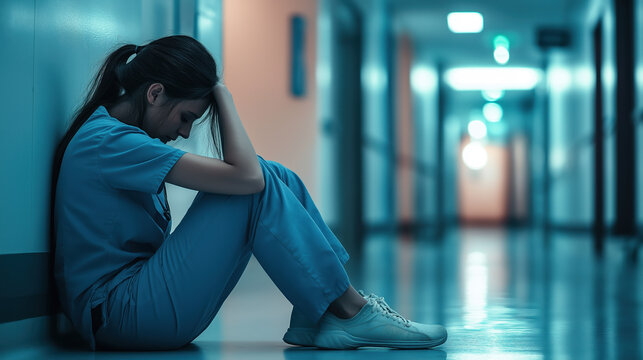 Exhausted nurse sitting in hospital corridor feeling overwhelmed and stressed