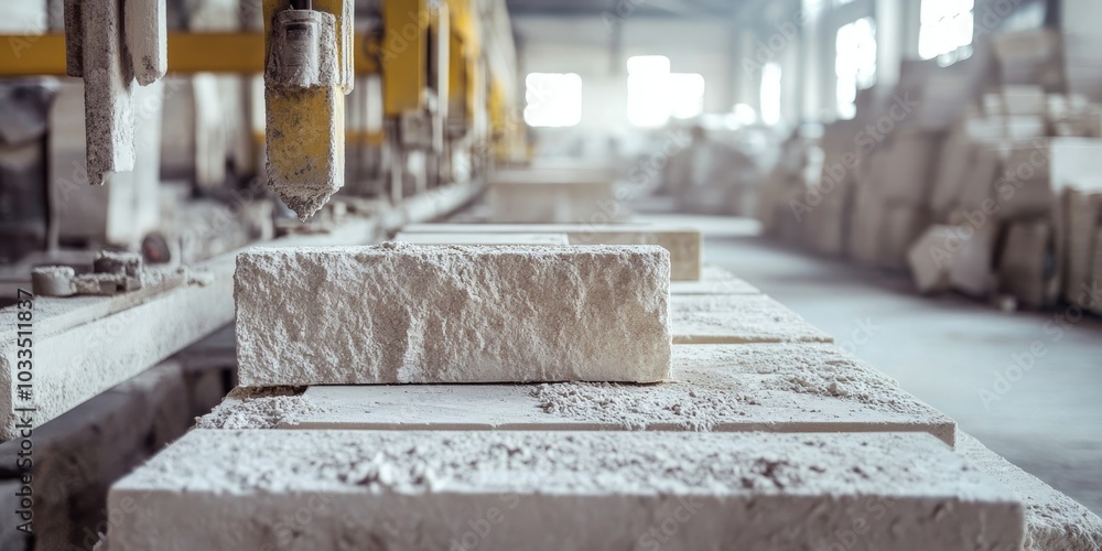 Poster factory for producing limestone blocks. background with selective focus and copyspace for text.