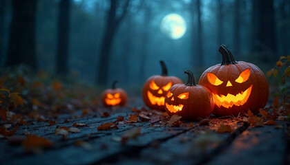 Obraz premium Bokeh photo of halloween scary pumpkins. halloween pumpkins on wood. halloween background at night forest with moon, autumn colors