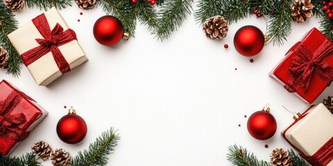 Christmas arrangement. Gifts, fir tree branches, red ornaments on a white background. Christmas, winter, New Year theme. Flat lay, top view, copyspace.
