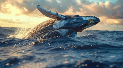 Fototapeta premium A majestic whale leaps from the ocean with its tail fin displayed in flight,