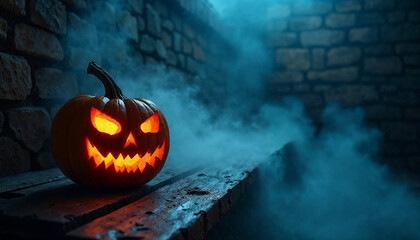 A menacing Halloween Jack-O'-Lantern pumpkin with bright glowing eyes positioned on the left of an aged wooden product display bench surrounded by swirling fog