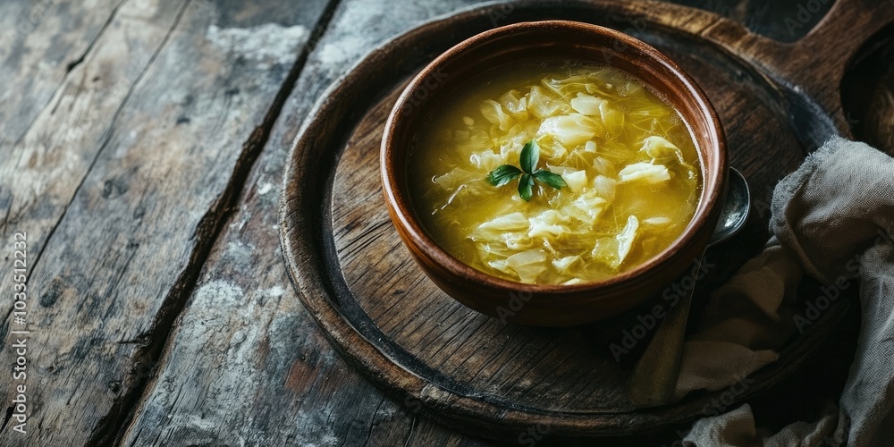 Poster braised cabbage soup in a bowl placed on a wooden plate on the floor. copy space for text.
