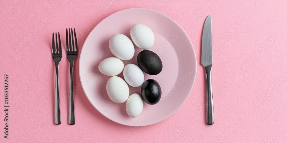 Aufkleber easter dinner setting featuring a plate of black and white eggs, along with a knife and fork on a pa