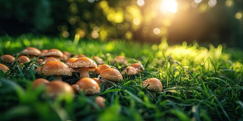 Brown mushrooms for nutritious summer meals on lush dark green grass in the refreshing mountains.