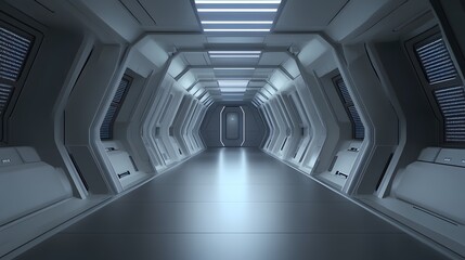 Fototapeta premium Futuristic White Corridor with Blue Lighting and Digital Displays