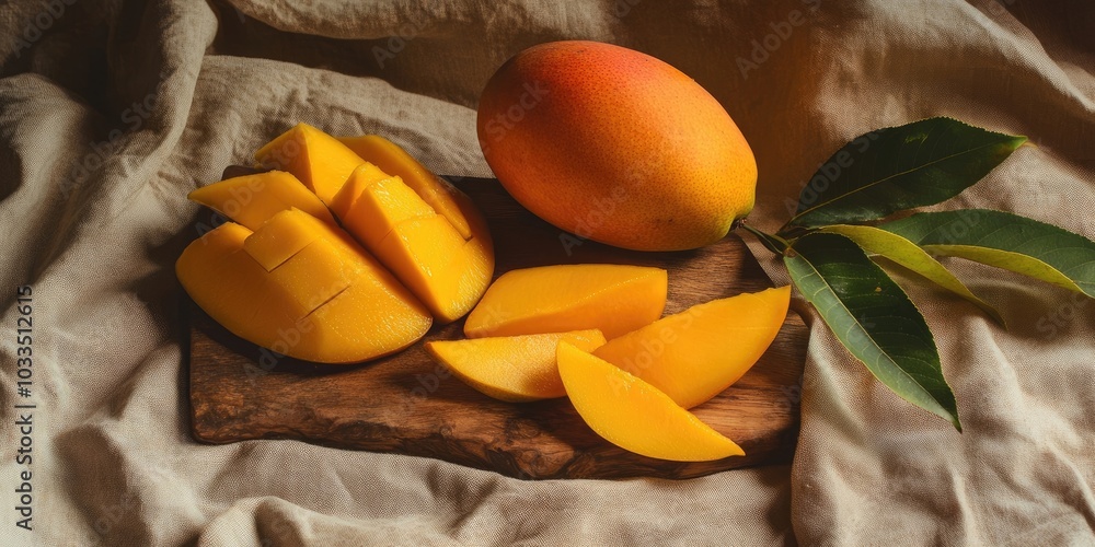 Poster the mango is sliced into pieces and placed on a wooden board on a linen tablecloth.