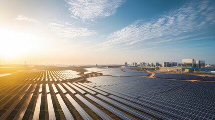 Fototapeta premium Solar panels are lined up on a dirt field.