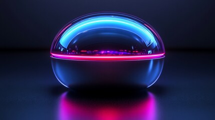 A futuristic sphere with a glowing blue and pink light inside on a dark background.