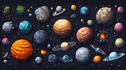 Colorful pixel art showcasing a vibrant galaxy of planets and celestial bodies.