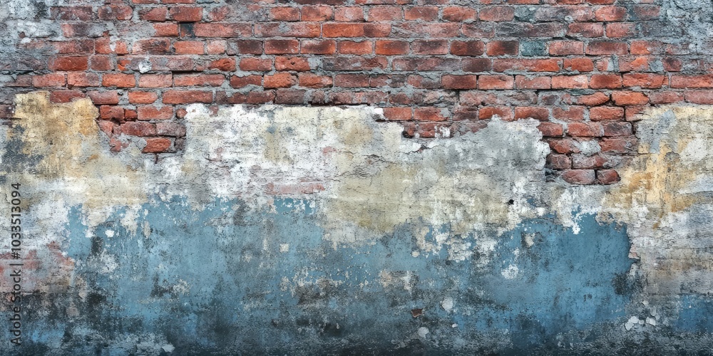 Aufkleber Empty Aged Brick Wall Texture. Painted Worn Wall Surface. Grungy Broad Brick Wall. Grunge Red Stone Wall Background. Dilapidated Building Facade With Impaired Plaster. Abstract Web Banner. Copyspace.