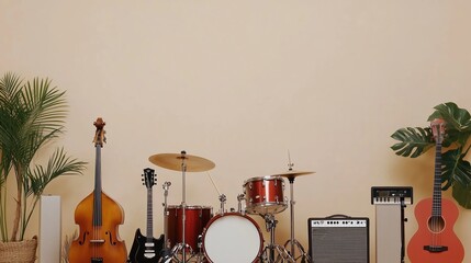 Musical instruments arranged in a cozy room with a warm background and plants in the afternoon light