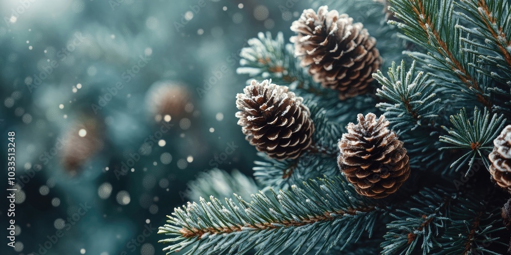 Leinwandbilder green spruce branches with needles and numerous cones in winter. many cones on the spruce tree. fir 