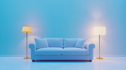 A white sofa sits in a minimalist room with two floor lamps on either side against a blue wall.