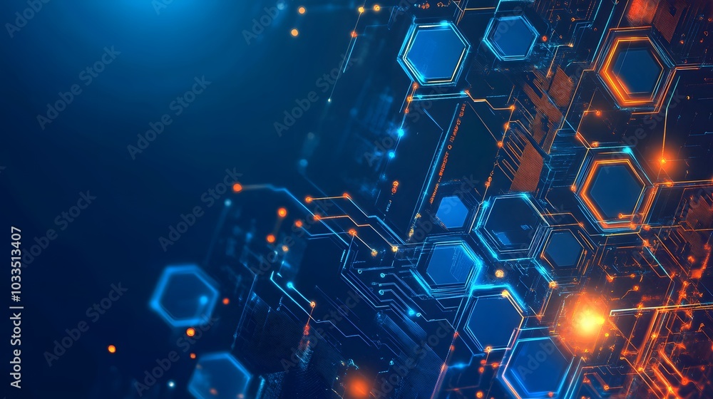 Poster abstract digital network with glowing hexagon structures