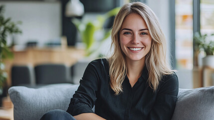 Portrait of a successful businesswoman in a black shirt who is sitting on on the couch in the office