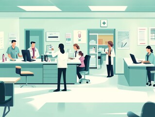 2408 63.A busy medical clinic scene in flat vector style, depicting patients interacting with doctors, nurses conducting tests, and researchers reviewing data. The clinic layout includes consultation