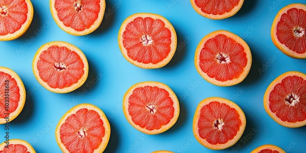Poster grapefruit pattern on a blue backdrop. top view. creative design, minimal flat lay concept. summer s