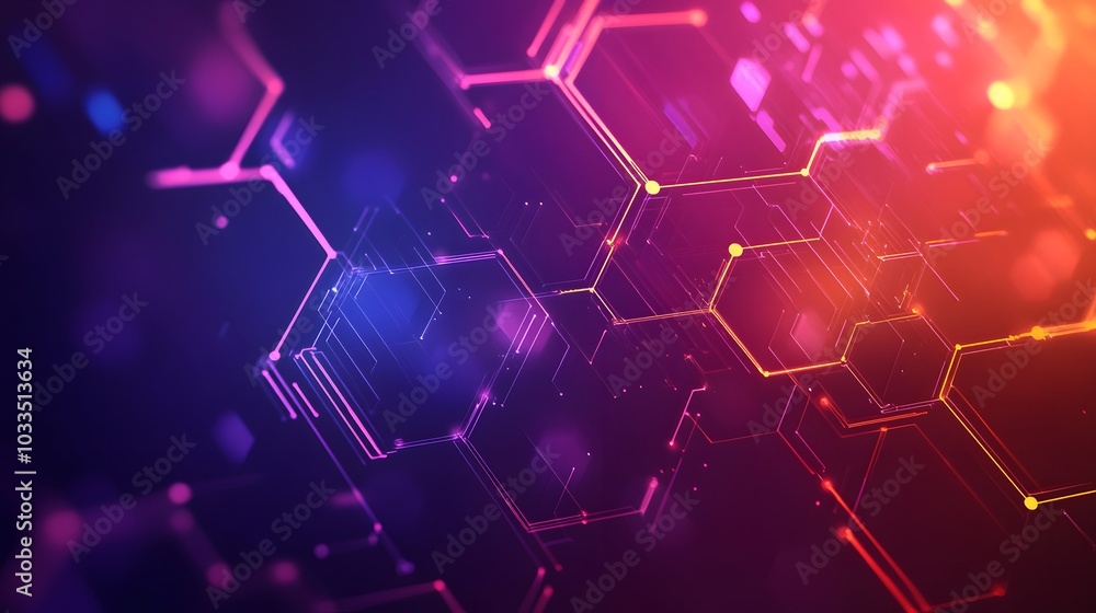 Poster abstract neon hexagon network with glowing lines and points