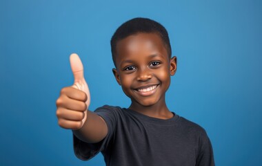 Child giving thumbs up in blue background