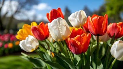 Fototapeta premium Breathtaking view of a vast garden filled with vibrant tulips in full bloom during the spring season creating a serene and picturesque landscape