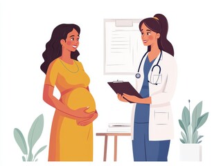 Obraz premium 2408 74.A detailed consultation scene with an Indian woman in the late stages of pregnancy talking with her doctor. The doctor is offering medical advice while holding a clipboard, and the woman is