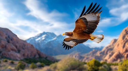 Obraz premium Majestic eagle soaring gracefully over towering snow capped mountains against a bright blue sky showcasing the power and freedom of nature s most impressive raptors